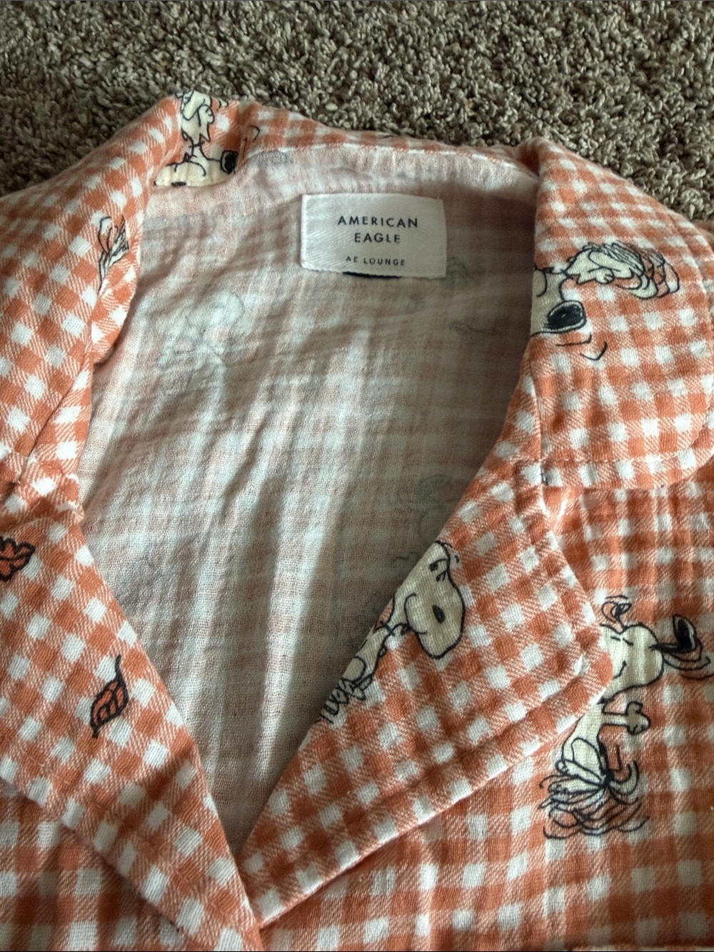 American Eagle Outfitters Peach Gingham Snoopy Pajama Set Sz M. New - Picture 4 of 5